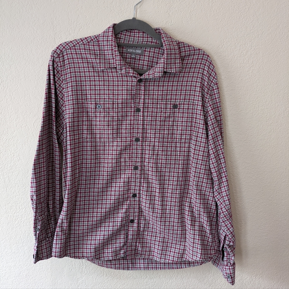 Ash & Erie Flannel Long Sleeve Shirt - Gray Plaid - Medium Standard